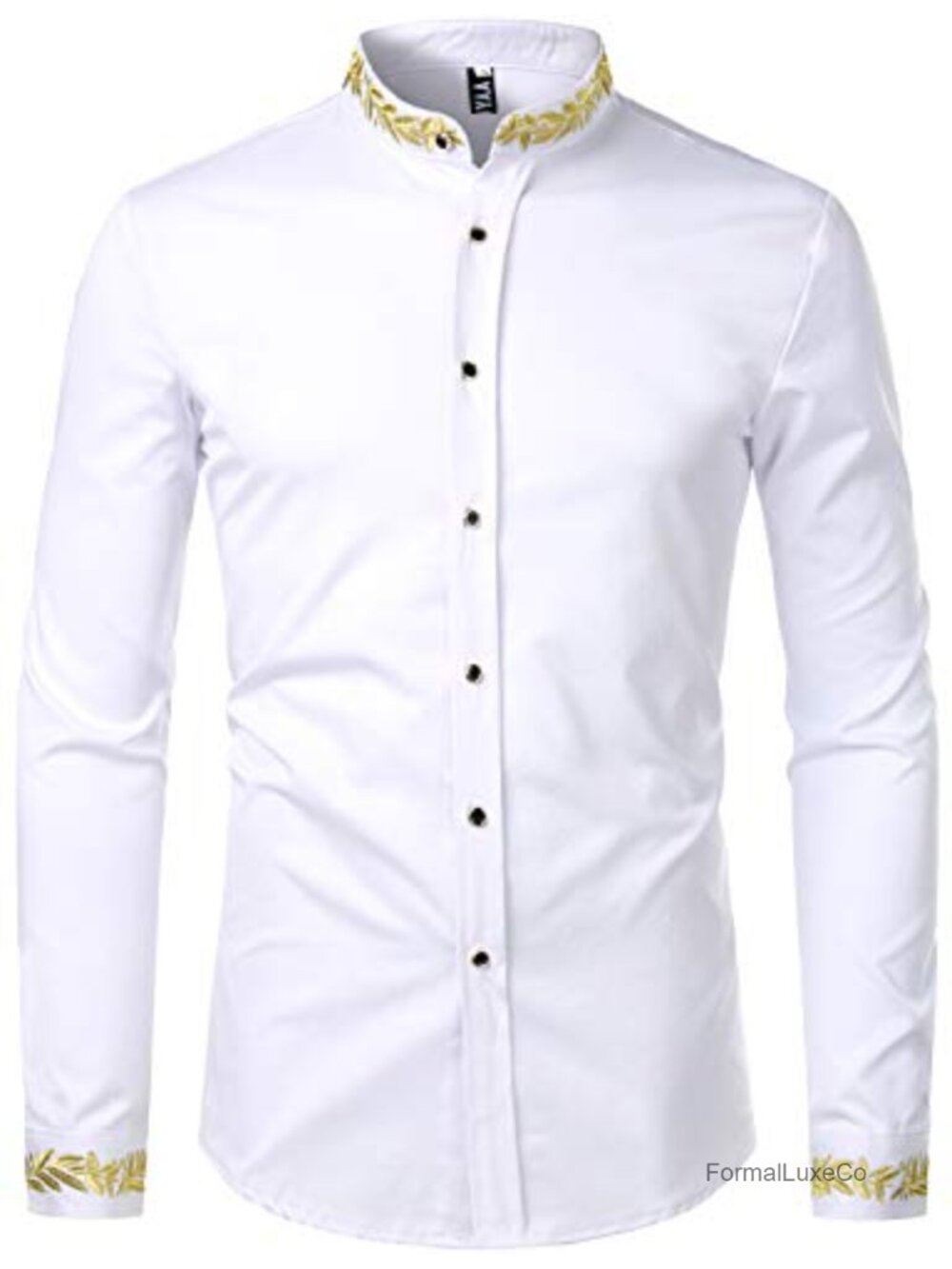 Mens Mandarin Collar Embroidery Button-Down Dress Shirt Slim Fit